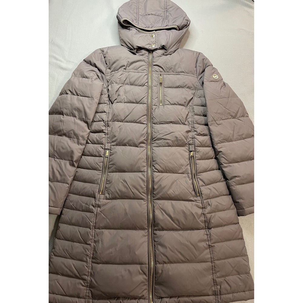 Michael Kors Womens Long Hooded Puffer Coat Taupe‎ Mauve Gold Hardware Size S
